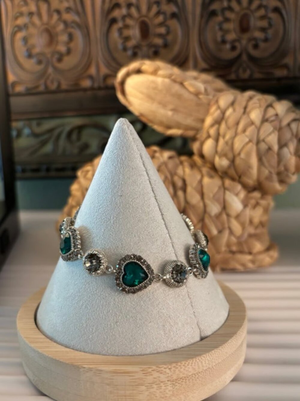 Green colored heart stones and CZ on chocolate gold bracelet